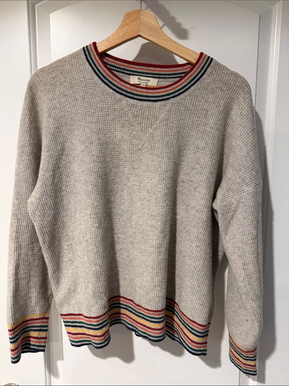 Madewell Grey Crewneck Sweater with Rainbow Stripe Trim